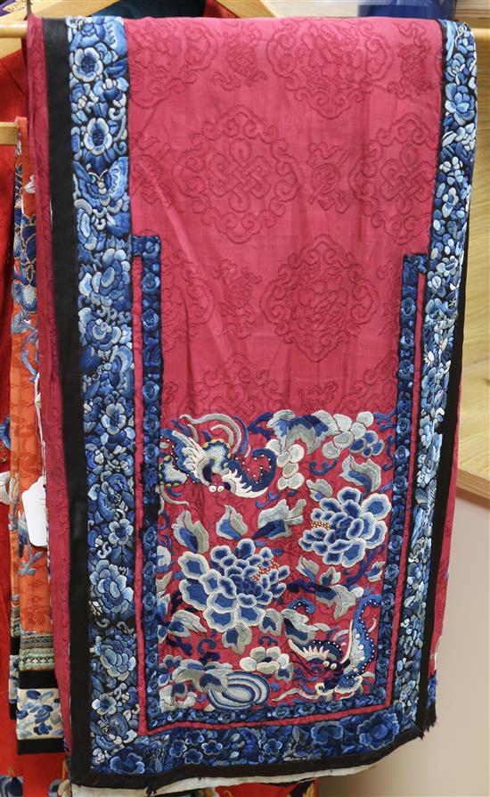 A Chinese maroon silk with blue embroidery skirt